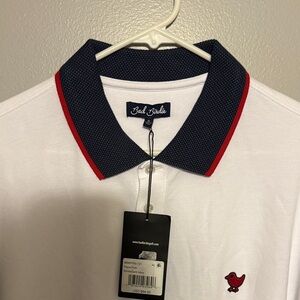 Bad Birdie White Polo with Navy and Red Accents